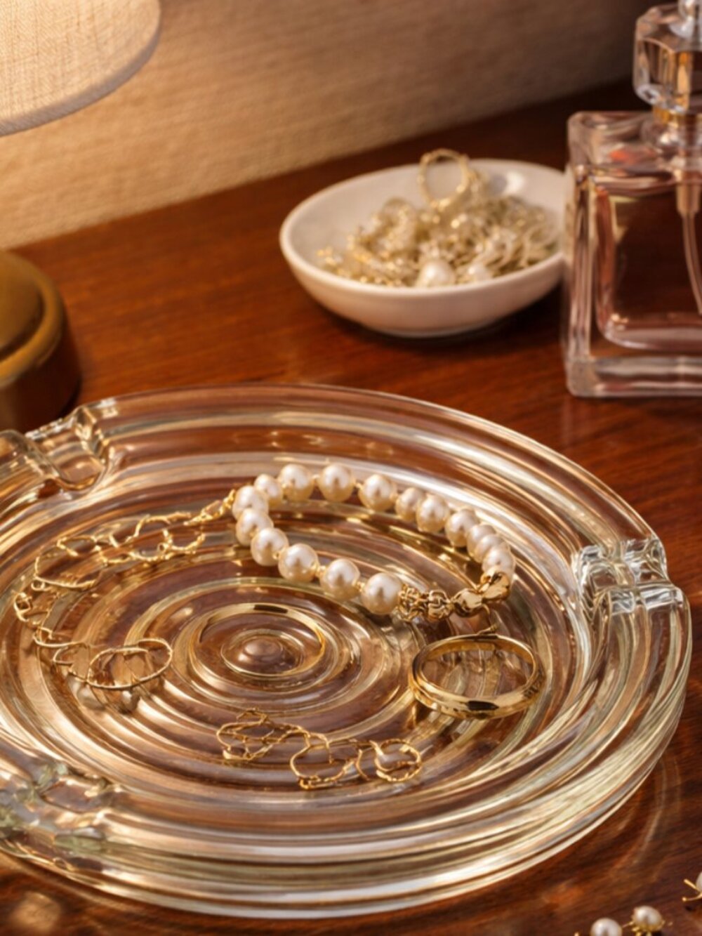 Vintage Anchor Hocking Ashtray  Art Deco Ribbed Glass Bullseye Pattern 5 1/2 in.